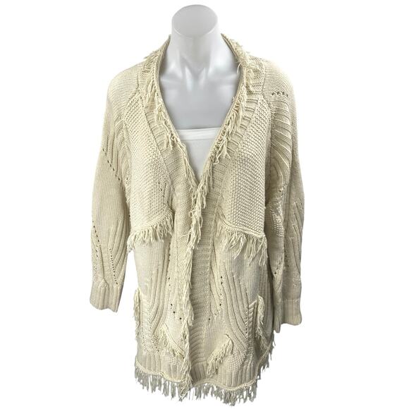 Tularosa Cream Long Sleeve Boho Fringe Midi Open Cardigan Sweater Top Size S - Picture 1 of 3